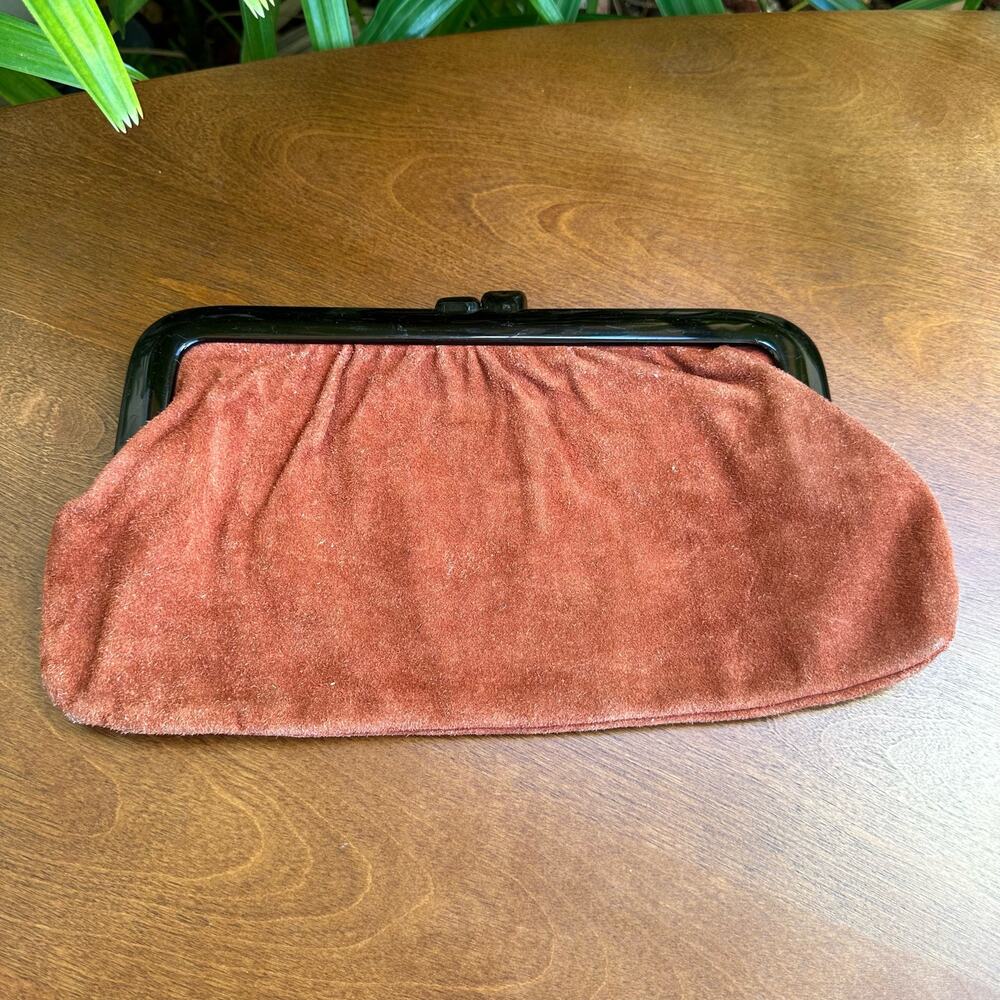 Vtg Roger Gimbel Designer Black Lucite & Suede Kiss Lock Clutch Purse Handbag